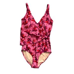 Garnet Hill Rivera Wrap Front One Piece Swimsuit Pink Tropical Vacation Size 4